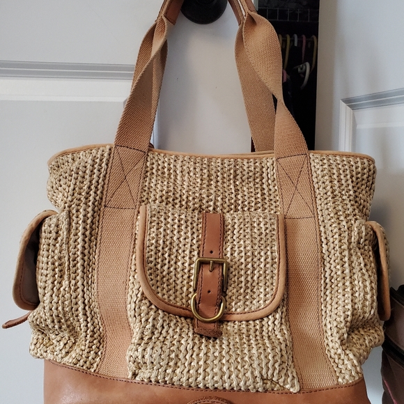 Vintage Fossil straw/wicker leather tote - Picture 11 of 13